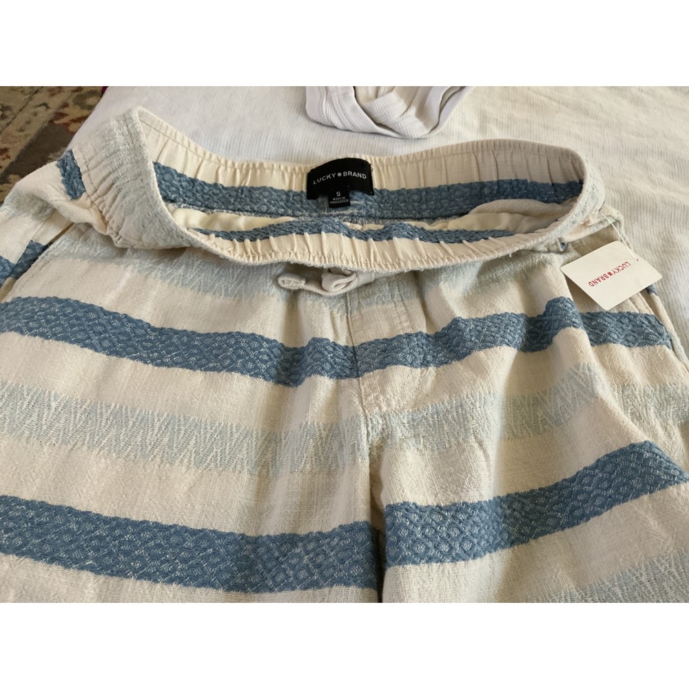 Lucky Brand Mens Striped Linen Blend Shorts Blue Cream Elastic Waist Small NWT